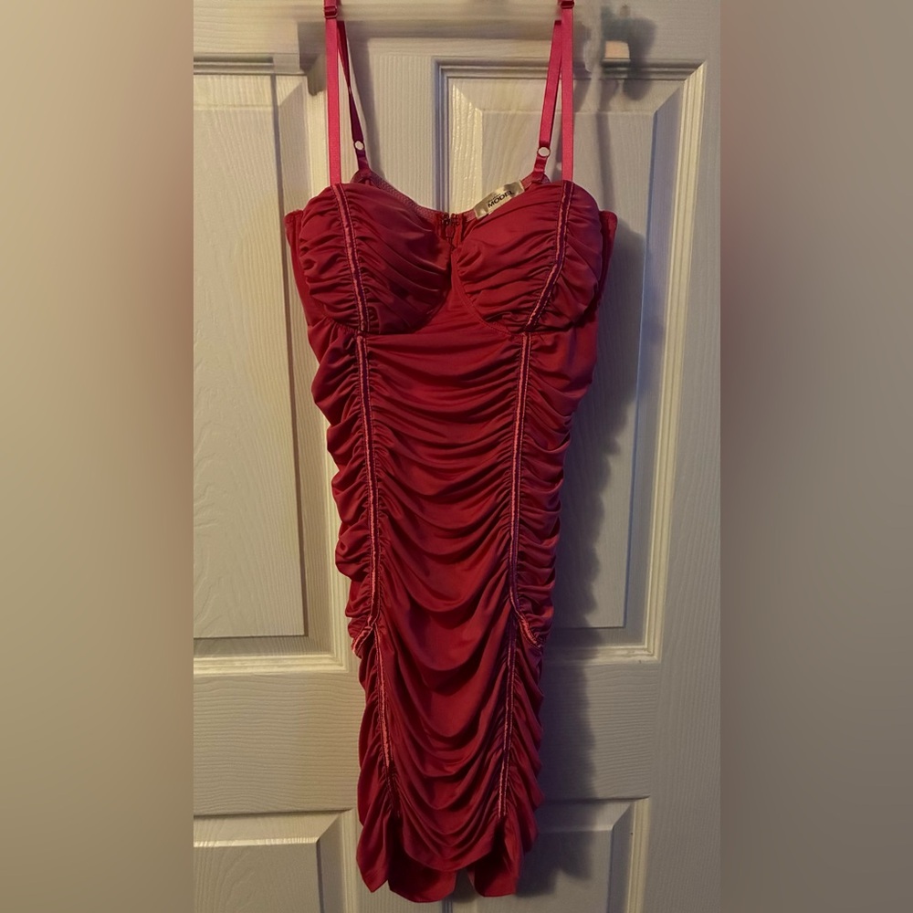 Fashion Model Hot Pink Midi Ruched Scrunchie Dress with Adjustable Straps